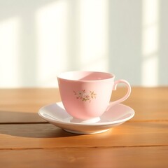 Obraz premium A pink teacup with a floral design sitting on a white saucer on a wooden table bathed in sunlight indoors