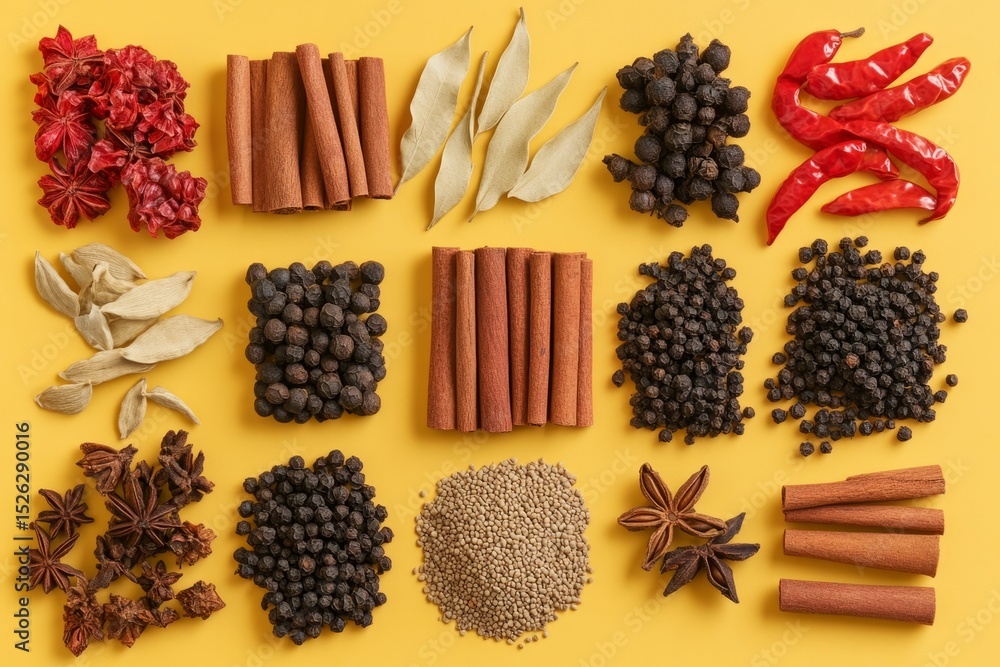 Poster various spices and herbs arranged on a vibrant yellow background, creating a visually appealing disp