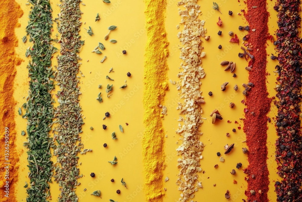 Poster various spices and herbs arranged in colorful lines on a vibrant yellow background, creating a visua