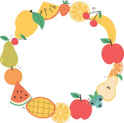 Round frame of different summer fruits on the transparent background.  Apple, pear, watermelon, mango, lemon, pomegranate, orange, banana, orange slices, grapes, cherry. Flat vector illustration. 