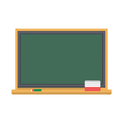 Chalkboard with books and marker stand in an empty classroom setting during a bright daylight hour