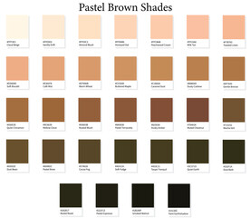 32 Pastel Brown Shades Color Swatches - 3d Light and Neutral Browns Tones - with HEX Codes and Names, Colour Palette, Scheme and Gradient