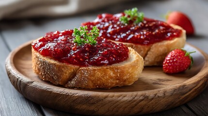 Freshly Toasted Bread with Raspberry Jam and Garnish on a Wooden Plate