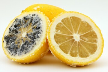 Spoiled lemons with mold growing on surface represent food waste and unhealthy eating habits