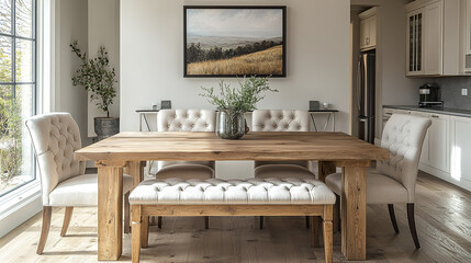 Elegant wooden dining table with cream fabric chairs, creating warm atmosphere