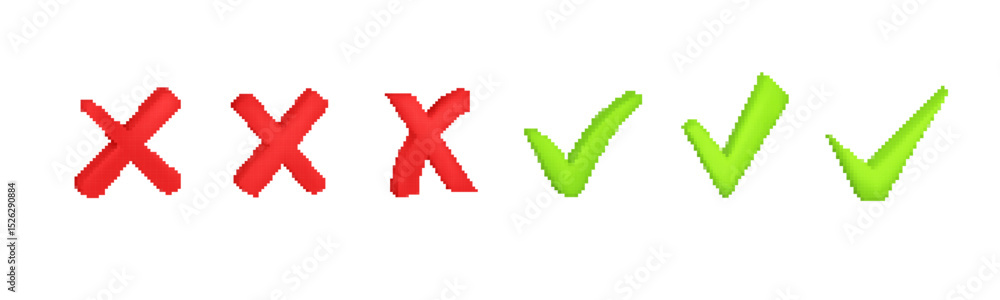 Poster mosaic-style red cross and green check icons in pixel art design create a simple visual effect.
