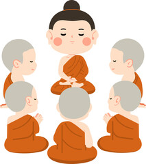 Meditation Practice with Buddha and Monks cartoon