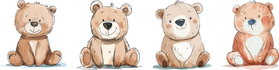 Cartoon Teddy Bears Vector Illustration, Isolated on White