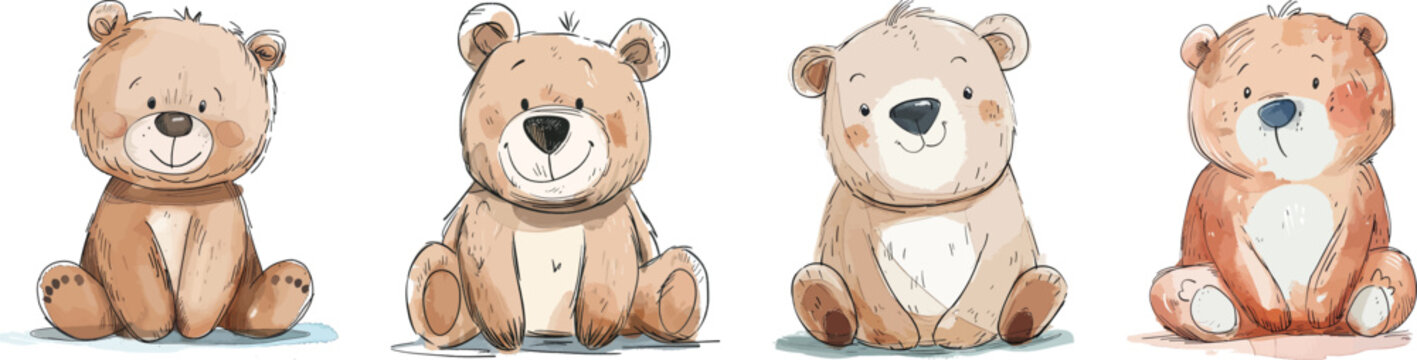 Naklejki Cartoon Teddy Bears Vector Illustration, Isolated on White