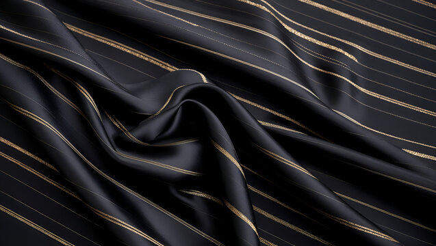  a luxurious scene featuring black and gold silk fabric draped elegantly, with soft, subtle parallel lines adding texture and depth.