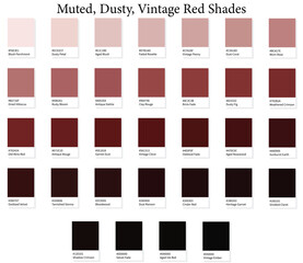 32 Muted and Dusty Red Shades Color Swatches - 3d Vintage Reds to Dark Deep Tones - with HEX Codes and Names, Colour Palette, Scheme and Gradient