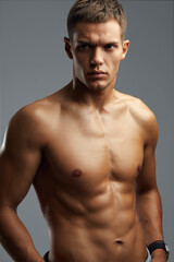 Fototapeta premium Close up portrait of a muscular man demonstrates his chiseled body confidently in a studio, exuding strength and determination. Ideal for fitness promotions and marketing campaigns.