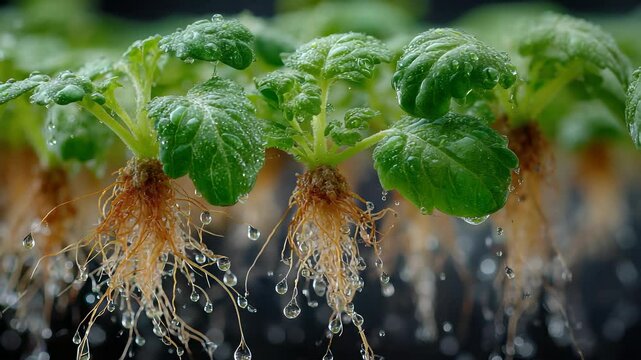 Close-up of Hydroponically Grown Seedlings with Visible Roots and Water Droplets, Demonstrating Sustainable Agriculture and Innovative Farming Techniques