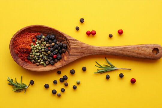 Wooden spoon containing colorful spices and herbs, creating a vibrant culinary scene