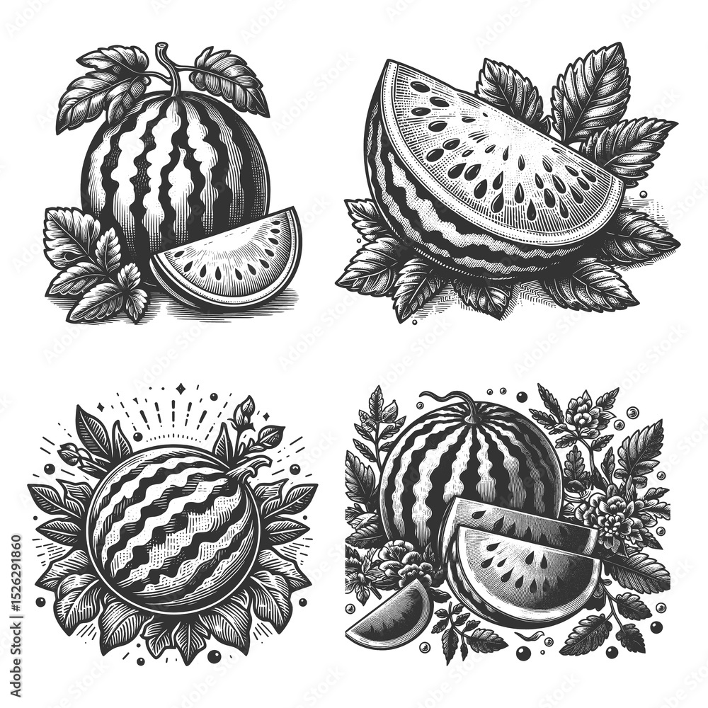 Poster watermelon set collection bundle sketch engraving generative ai raster illustration. scratch board i