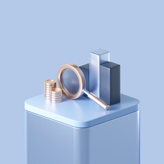 Magnifyer with money and chart 3d rendering illustration. Fintech concept design.