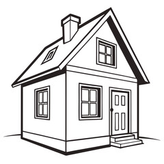 Simple Two Story House with Chimney in Black and White Silhouette