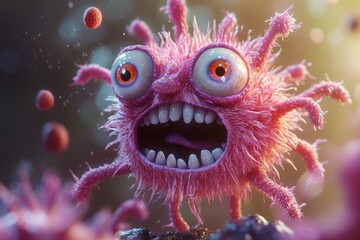 Pink hairy virus character screaming and attacking with other virus particles approaching, 3d render