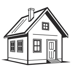 Simple House Illustration with Chimney and Windows in Black and White silhouette
