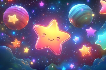 Adorable kawaii smiling star floating in a dreamy galaxy with colorful planets and smaller stars, creating a whimsical and joyful cosmic scene
