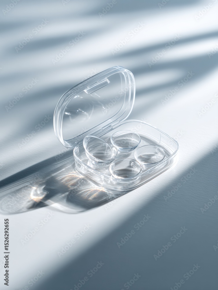Poster contact lenses displayed in open case on clean surface illuminated by soft light