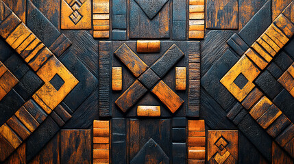 African, wood and graphic with geometric, background and tribal art or wallpaper texture. Traditional, decoration and illustration with 3d, carving and abstract pattern or paint for dynamic shape