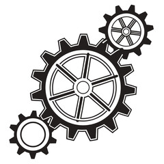 Three Interlocking Gears in a Black and White Silhouette