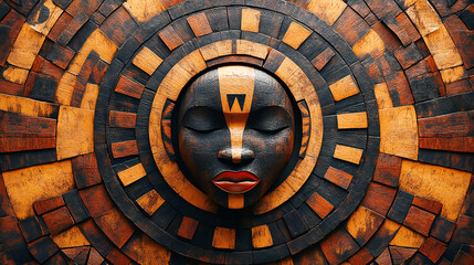 African, wood and graphic with geometric, background and tribal art or wallpaper texture. Traditional, decoration and illustration with 3d, carving and abstract pattern or paint for dynamic shape