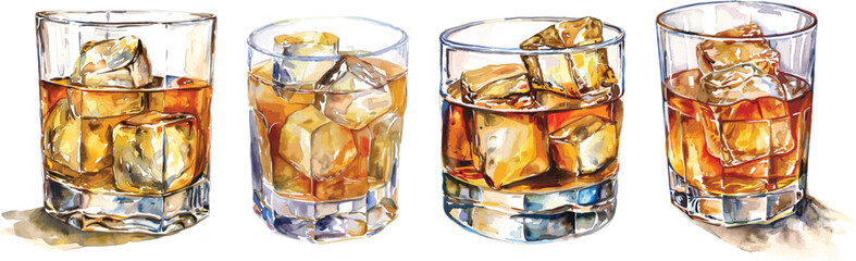 Whiskey Glasses Watercolor Vector Illustration on White Background