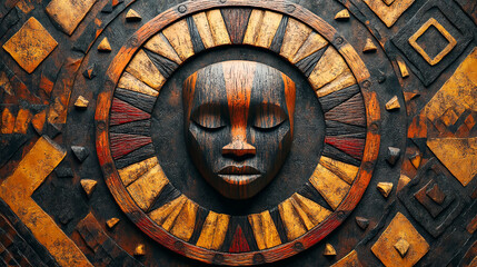 African, wood and graphic with geometric, background and tribal art or wallpaper texture. Traditional, decoration and illustration with 3d, carving and abstract pattern or paint for dynamic shape