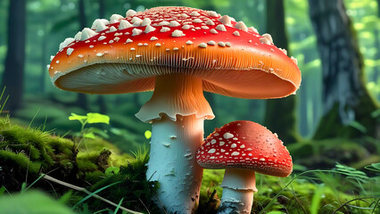 Bright red fly agaric toadstool in an autumn forest, a striking yet poisonous fungus among the moss and wood