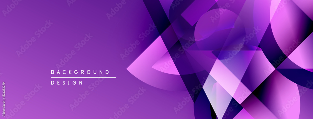 Poster Abstract purple background features geometric shapes, gradients, overlapping layers. Modern design element for digital projects.