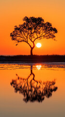 Fototapeta premium Solitary tree in peaceful silhouette representing serenity against a vivid orange sunset with lake reflection