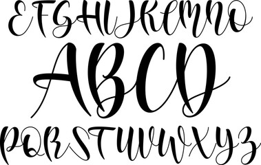 A stylish and modern script alphabet featuring uppercase letters in a hand-drawn calligraphy style. The font displays smooth, flowing lines with elegant curves, perfect for wedding invitations, logos,