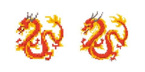 Mosaic-styled pixel dragon icon with bright colors, capturing retro sprites design for digital art.