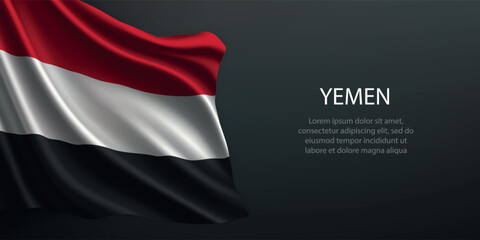 Yemen national flag waving on dark background