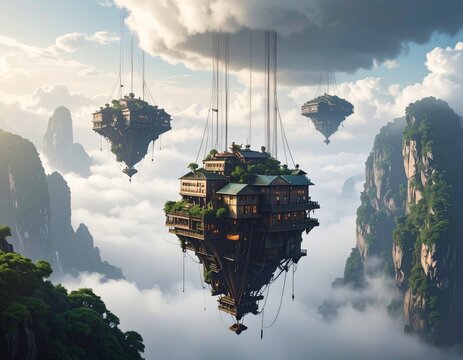 A surreal image of an inverted floating town hanging from the clouds, perfect for a fantasy or dreamlike background.

