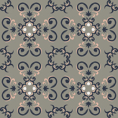 Seamless vintage damask floral tile design in blue and earthy tones, perfect for textile prints and home decor.
