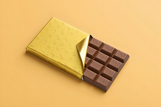 Milk chocolate bar in gold wrapper isolated on a white background