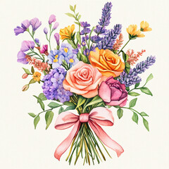 Bouquet of flowers of vibrant and bright colors, tied with a ribbon. Roses, jasmines, lavender, different flowers and leaves, watercolor card clipart