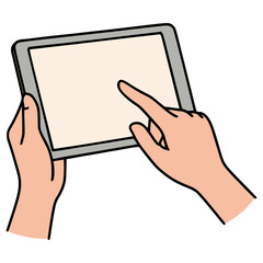 hand using phone tablet gadget technology flat color vector illustration template design