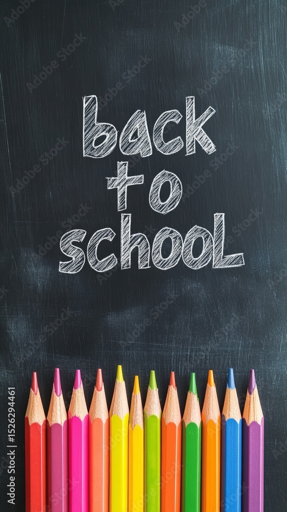 Poster Colorful pencils arranged in a row at the bottom of a blackboard with the phrase back to school written on it, creating a vibrant and nostalgic image perfect for educational projects
