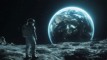 An Astronaut standing on the moon looking at a large earth like planet