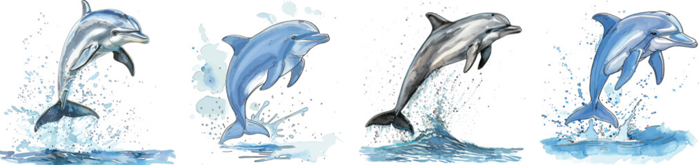 Dolphin Vector Illustration: Set of Jumping Dolphins with Watercolor Effect on White Background. © WatercolorEPS