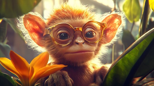 Cheerful monkey with playful expression wearing stylish glasses sitting on a branch in the jungle