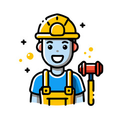 Construction worker smiling with hard hat and hammer in vibrant illustration showing the spirit of teamwork and safety