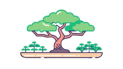Creative illustration of a vibrant tree surrounded by young plants in a serene landscape setting