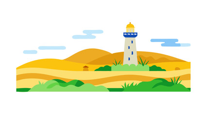 Colorful lighthouse on a sandy beach with hills and blue sky during a sunny day
