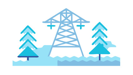 Powerline structure surrounded by trees and water in a stylized winter landscape with blue hues emphasizing nature's beauty