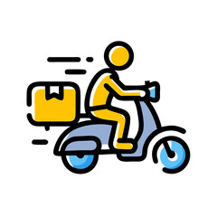 Delivery person riding a scooter with a package in an urban setting during the day